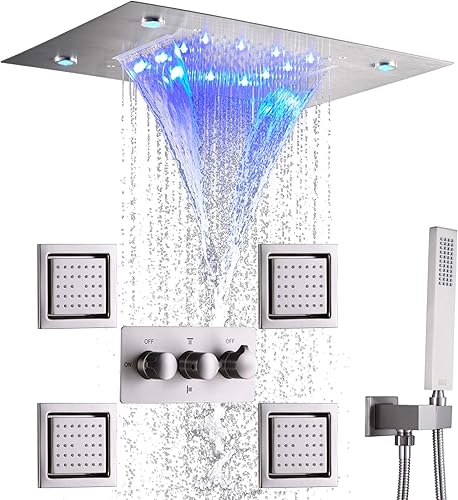 Miniatura 10 de DULABRAHE Juego de grifo de sistema de ducha de cascada y lluvia de 14 x 20 pulgadas LED techo lluvia negro mate cabezal de ducha combinado con