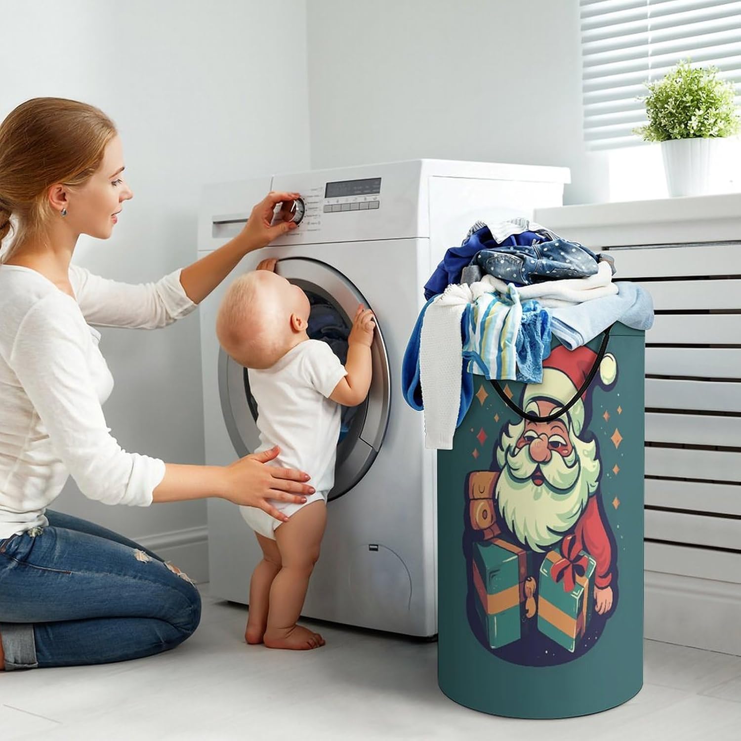 Large Laundry Basket Santa Claus Holding Box Printed Laundry Hamper Clothes Hamper Basket Storage Dirty With Handle For Use in Laundry Rooms Bedrooms Bathrooms Dormitories