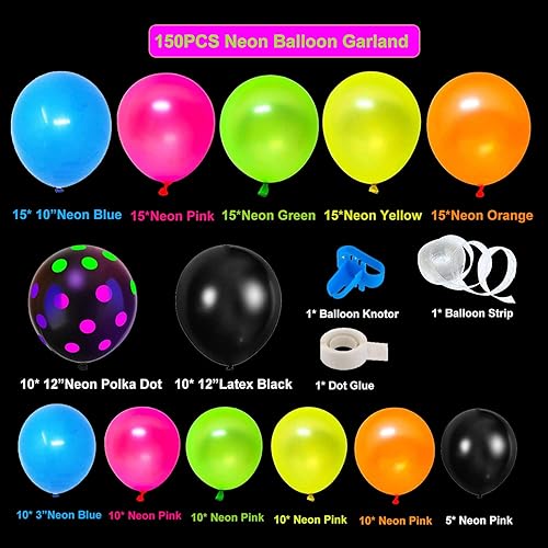 Miniatura 2 de Kit de guirnalda de globos de neón de 150 piezas, arco de globos de neón que brilla en la oscuridad con lunares amarillo neón, naranja, rosa, azul y