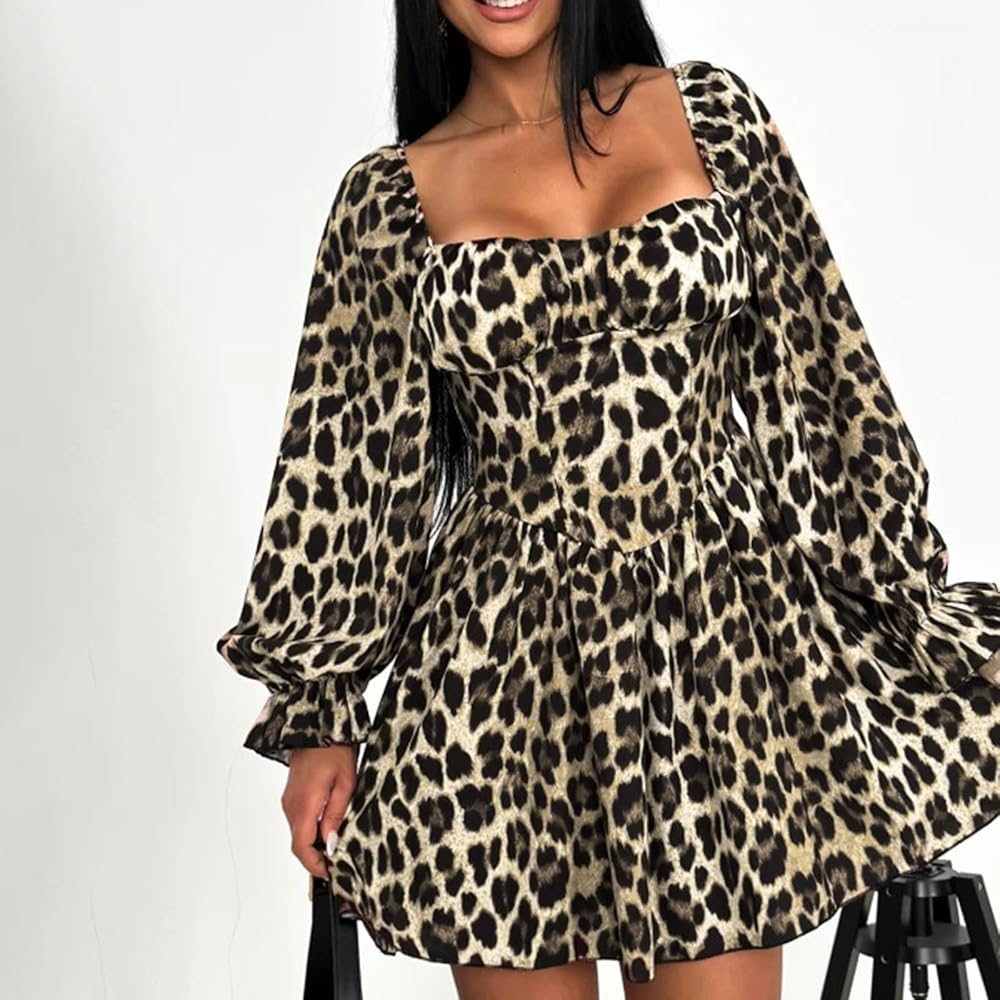 Amazon.com: bawilom Women's Leopard Print Dress Trendy Casual Sweetheart  Neck Long Sleeve Backless A Line Pleated Flowy Mini Dresses : Clothing,  Shoes ...