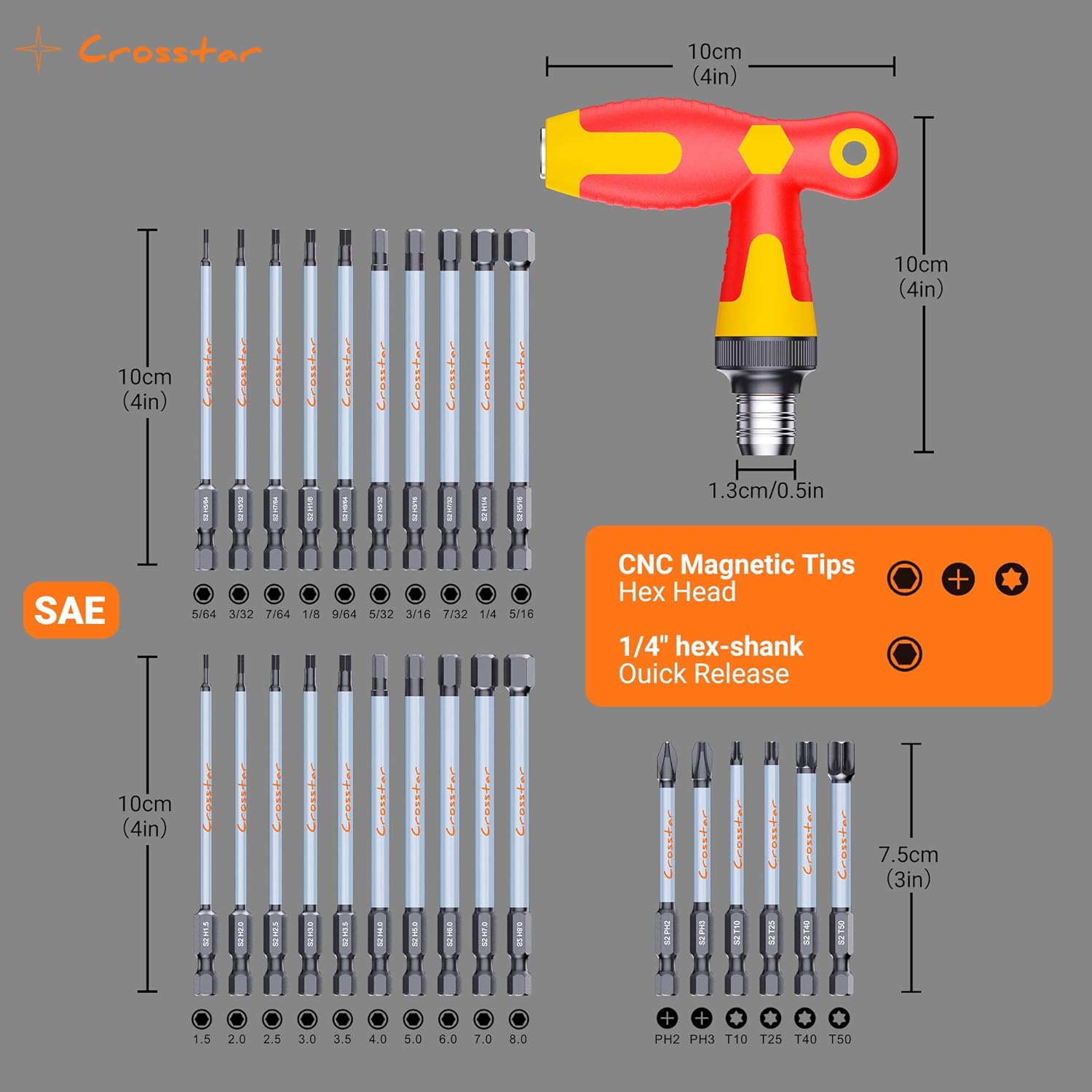 Crosstar Impact-Rated 30-Piece Interchangeable Ratcheting T-Handle Set – SAE, Metric, Hex, Torx, Phillips Magnetic Bits with Holder & Torsion Zone, 4”/3” Long S2 Steel Bits in Storage Case