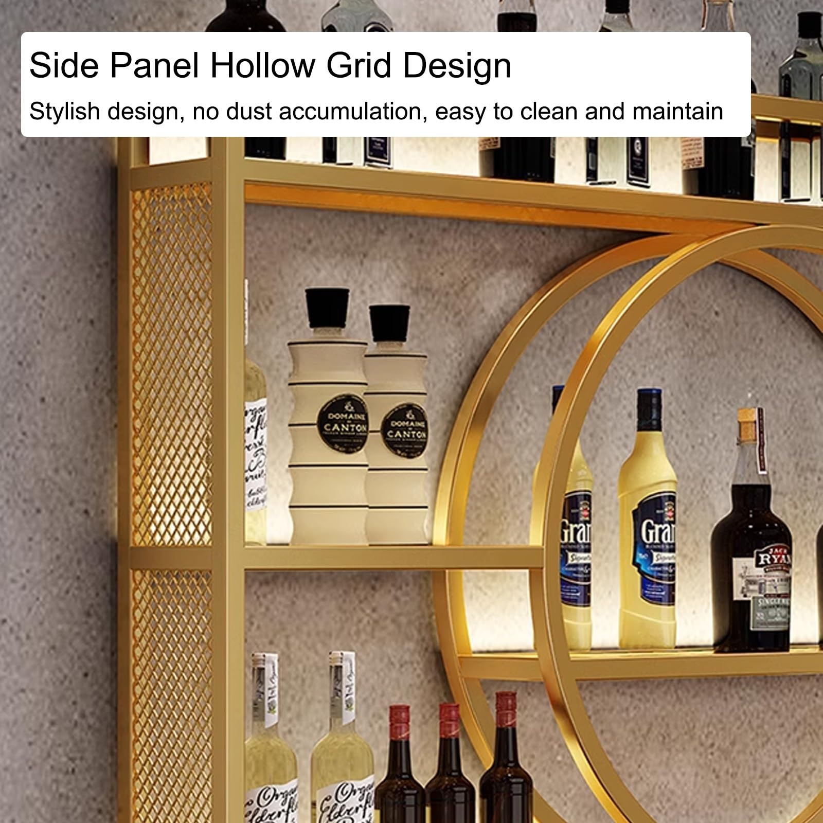 Botellero de metal montado en la pared con luz LED, elegante estante para licor para botellas de vino y copas, perfecto para decoración del hogar, bar y comedor