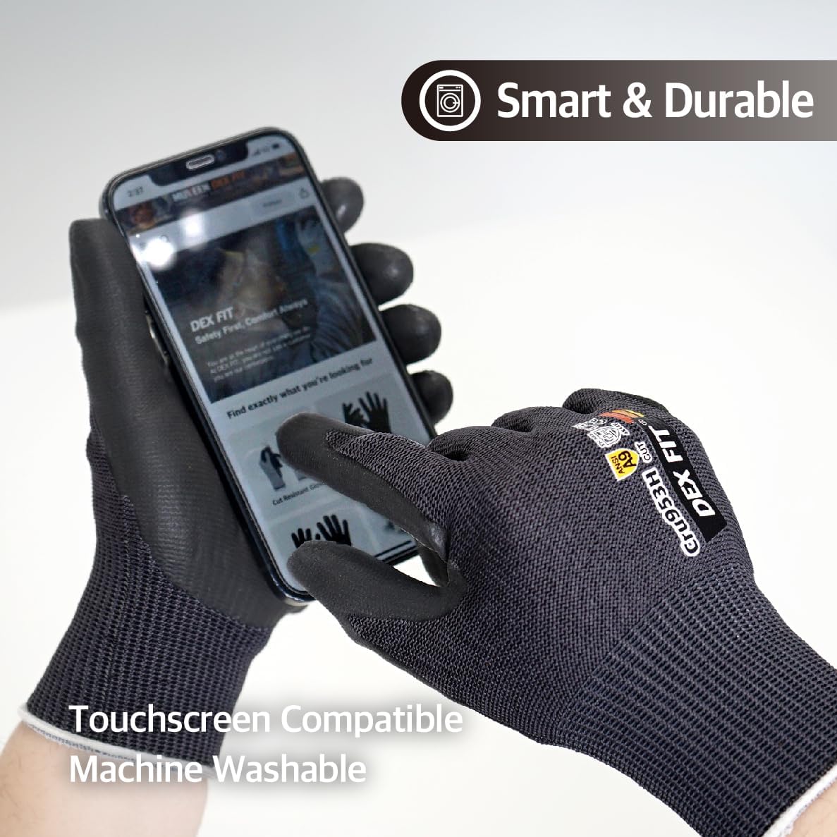 DEX FIT Cru953H Level A9 Cut Resistant Gloves, Fiberglass-Free, Power Grip Foam Nitrile, 3D Comfort Fit, Touchscreen, 13-Gauge for Sheet Metal, Stamping, Glass, Recycling; Blackgray XS 1 Pair - Image 8