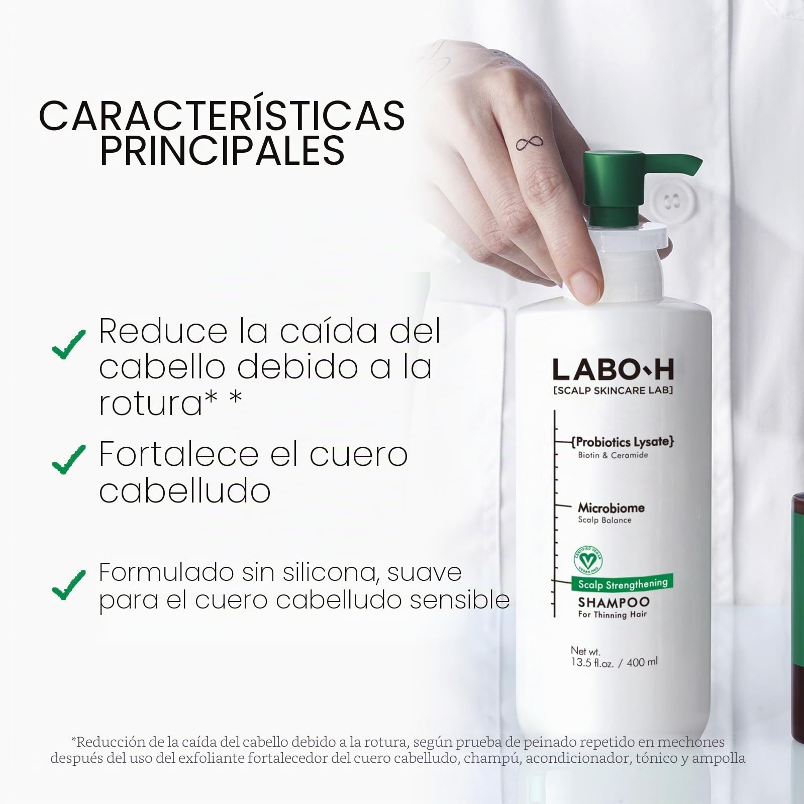 LABO-H Champú Fortalecedor De Piel Cabelludo Para El Crecimiento Del Cabello Y Anticaída | Rutina Vegana De Cuidado Del Cabello Con Ceramida, Aceite De Romero, Biotina Y Cafeína, Sin Parabenos