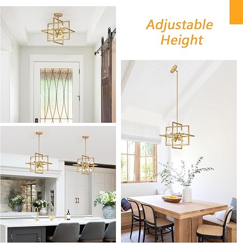 Miniatura 5 de Goomavi Candelabros pequeños y modernos, lámpara colgante geométrica dorada, lámpara colgante industrial de 8 luces para comedor, sala de estar,