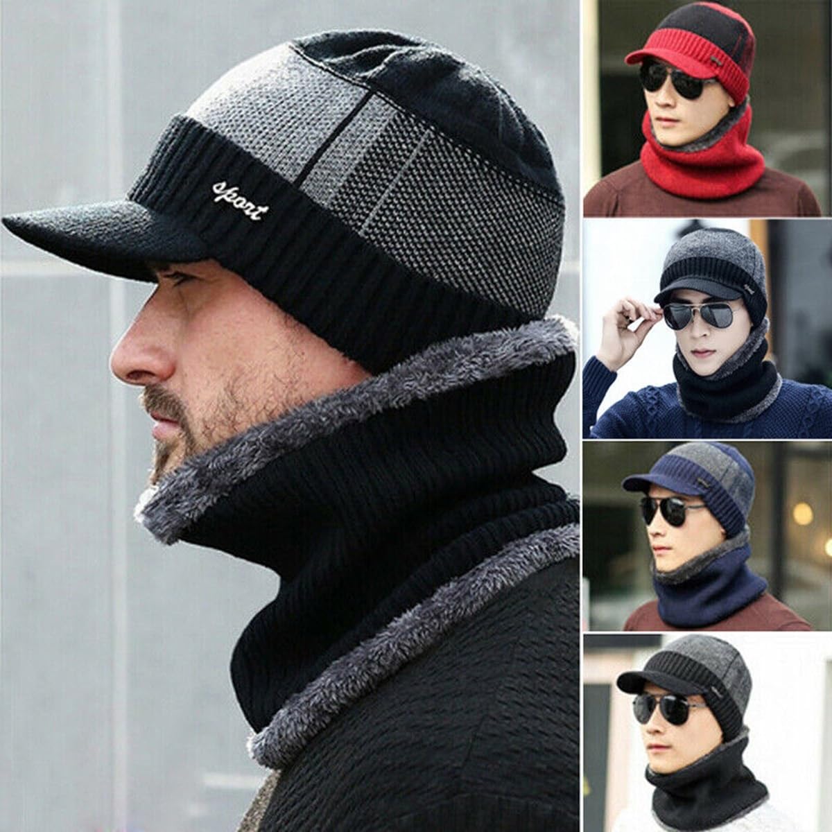 GK-O Mens Winter Warm Peaked Beanie Hat Fleece Lined Outdoor Ski Cap with Scarf - Image 7