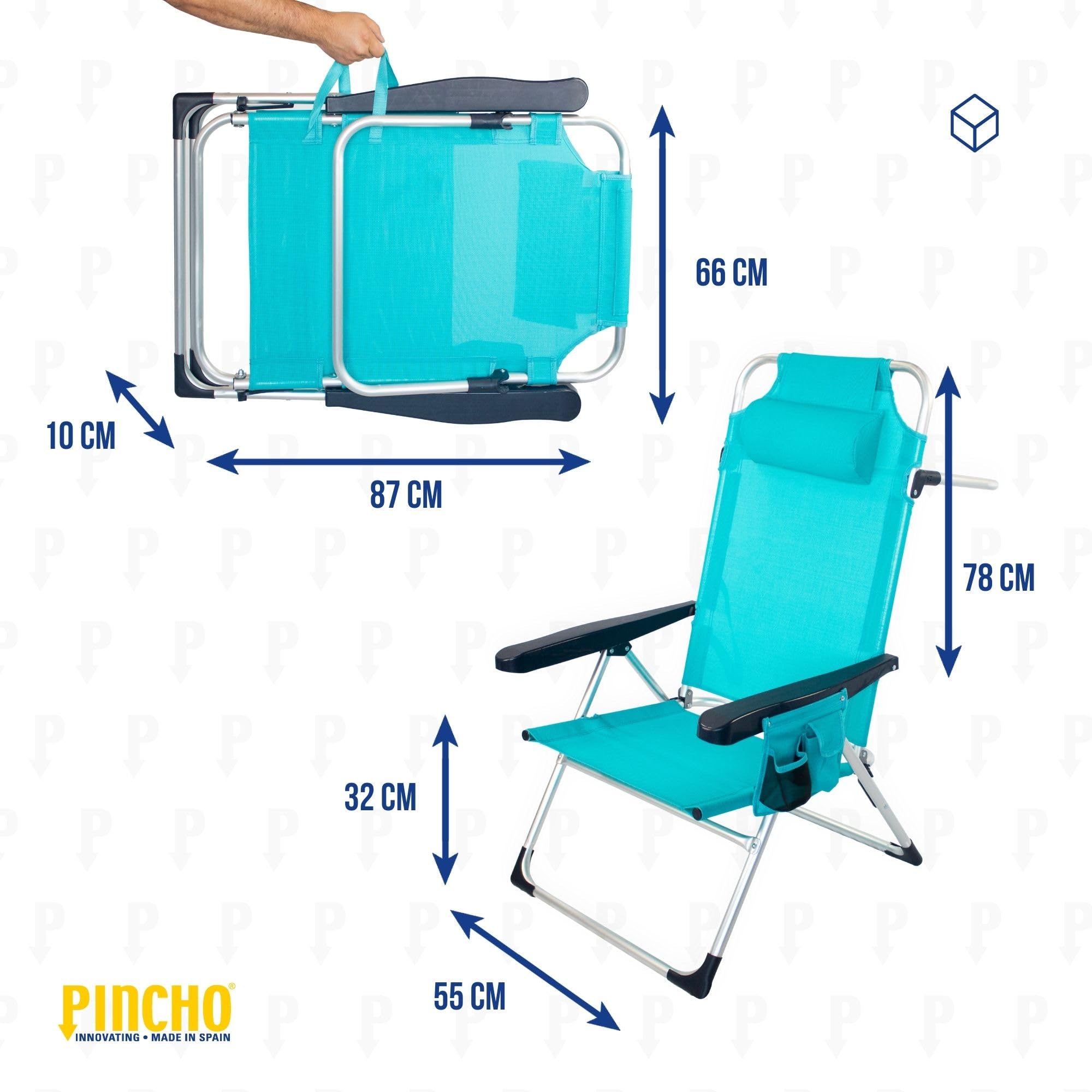 Pincho Silla Playa Plegable, Sillon Alto con Cojín, Reclinable, Altura del Asiento 29,5 cm, Asa de Transporte, Bolsillo para Movil y Bebida Textileno Resistente, Jardin, Camping, Hamaca (Turquesa, 2)
