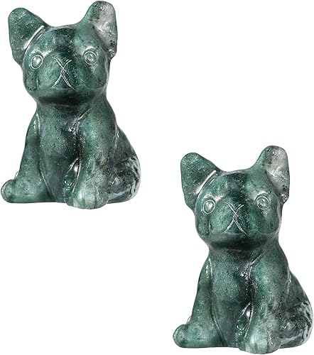 Rockcloud Paquete de 2 estatuas de perro de ágata musgo de cristal tallada en piedra, escultura de animal para decoración del hogar, oficina, jardín