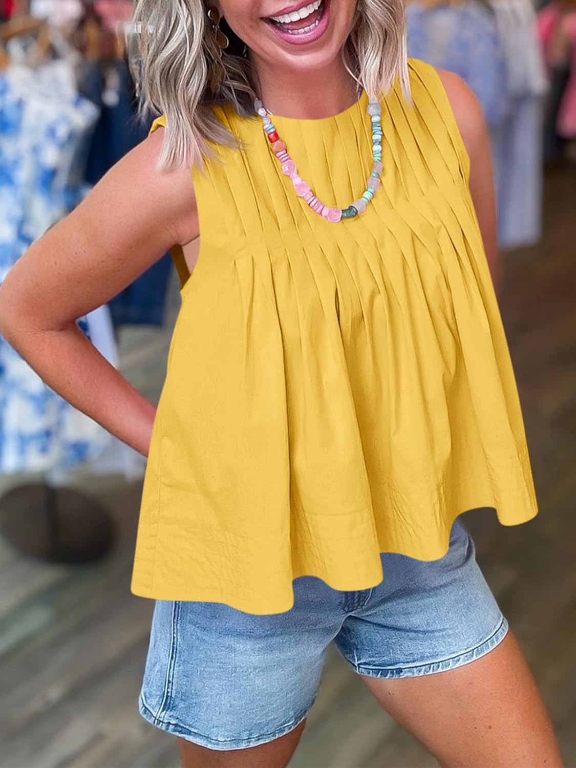 Cicy Bell Pleated Peplum Tank Tops for Women Summer Casual Sleeveless Womens Babydoll Blouse Flowy Cotton Shirt - Image 3