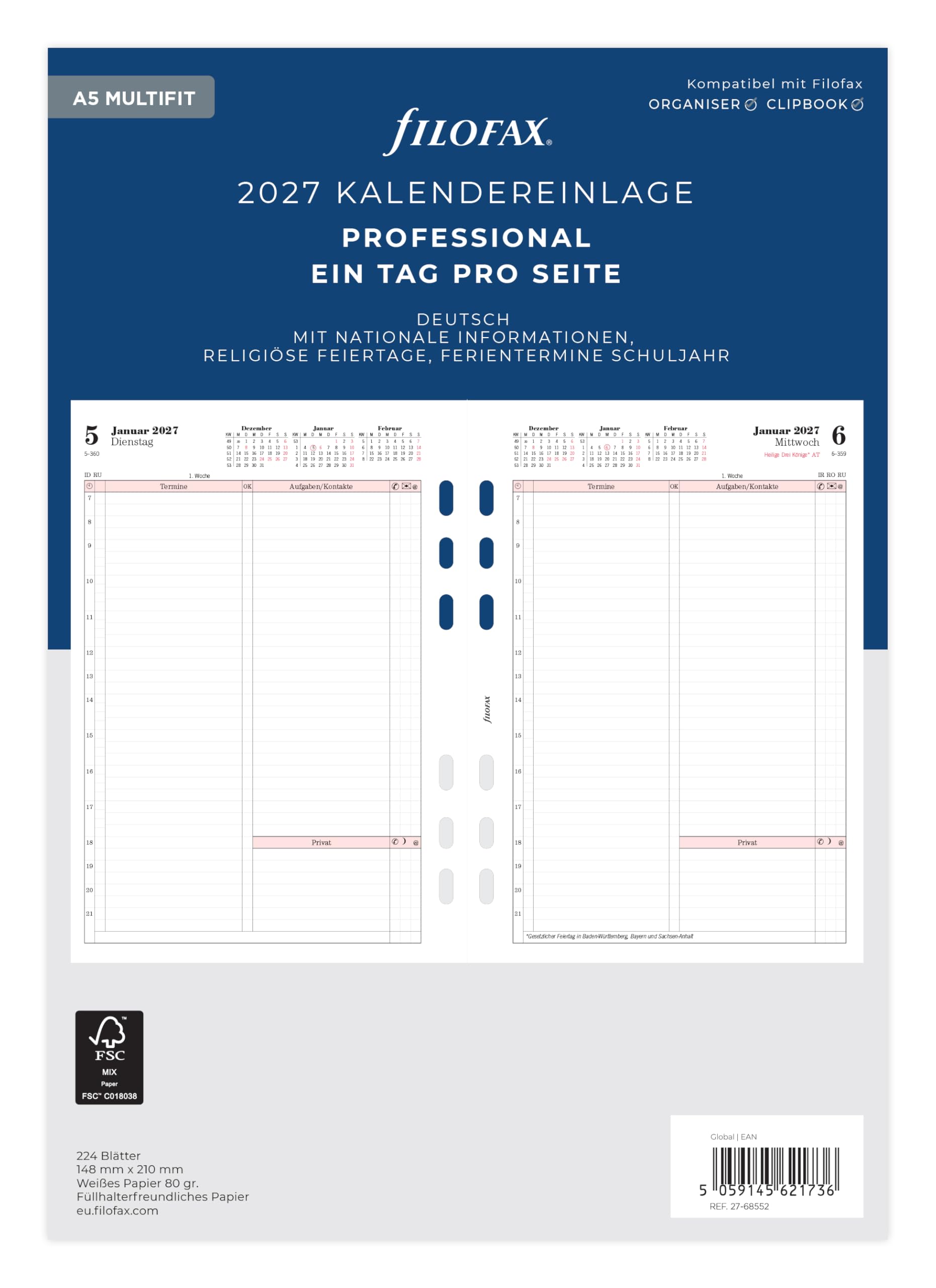 Filofax Calendar Insert A5 Professional 1 Day on 1 Page German 2027