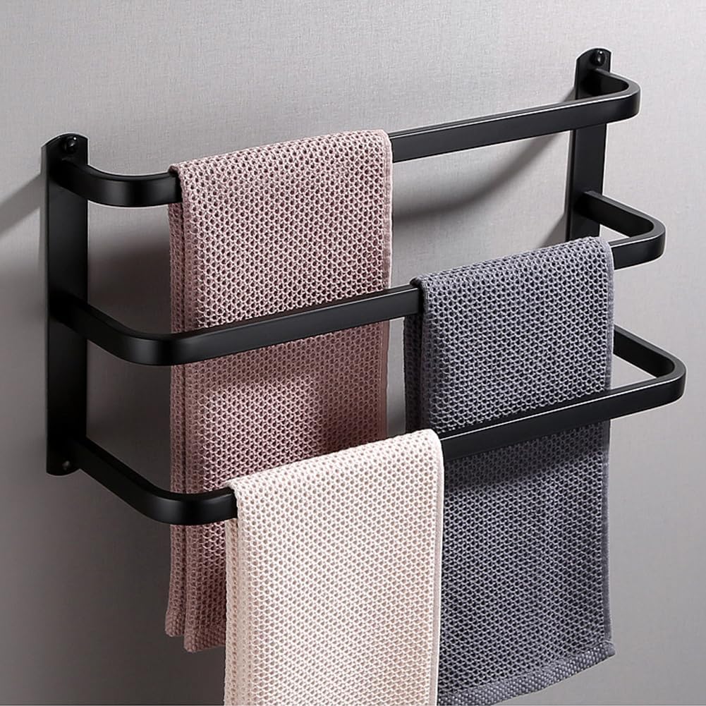 3-Tiers Towel Bars,Self Adhesive 24 Inches Bath Towel Holders, Bathroom Ladder Towel Rails Wall Mounted Towels Shelves Rack Stainless Steel(Black)
