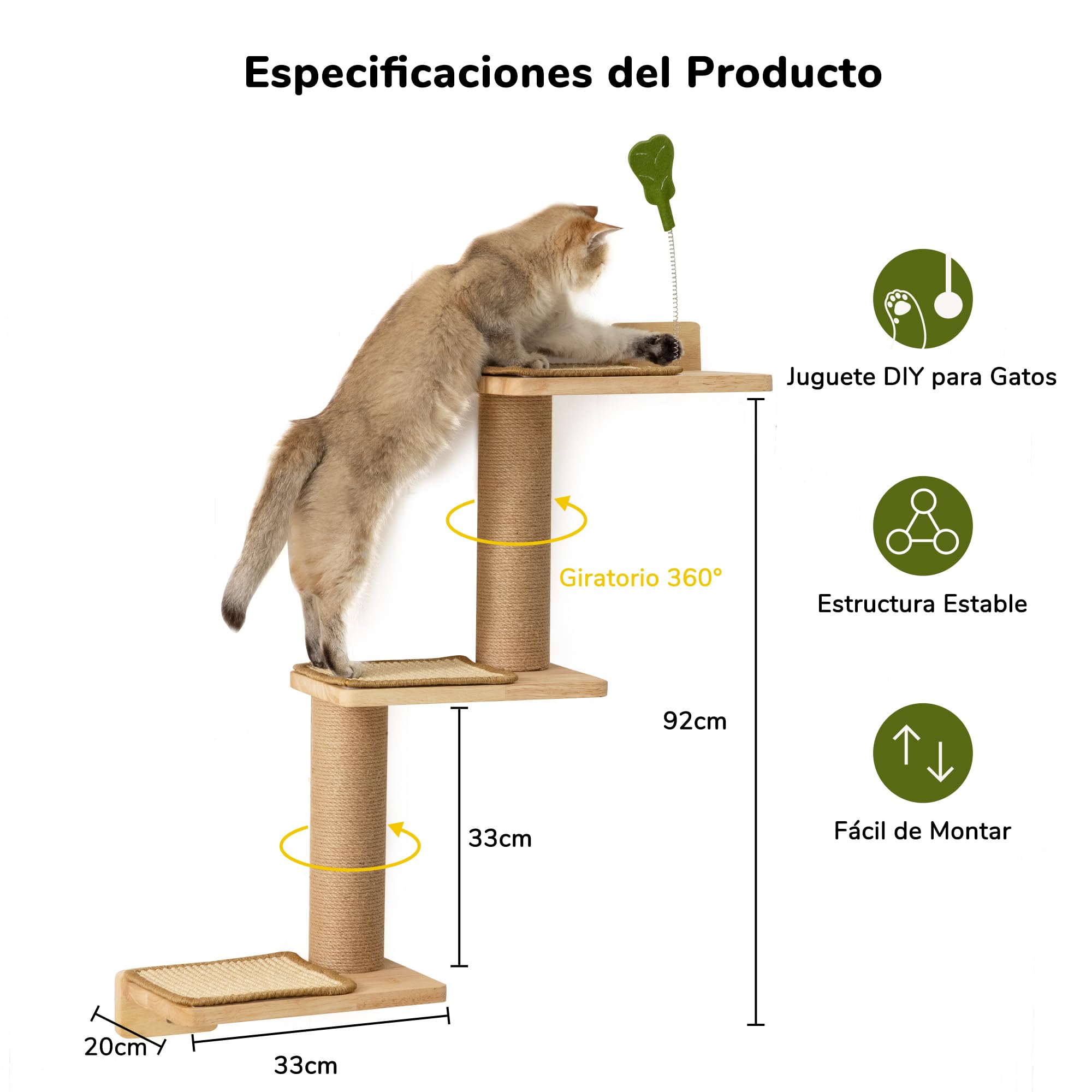FUKUMARU Estantes de Pared para Gatos en Madera de Goma y Yute, 3 en 1 transformable con 3 tapetes para Rascar de Sisal, Montado en Pared, Adecuado para Escalar, Jugar y arañar