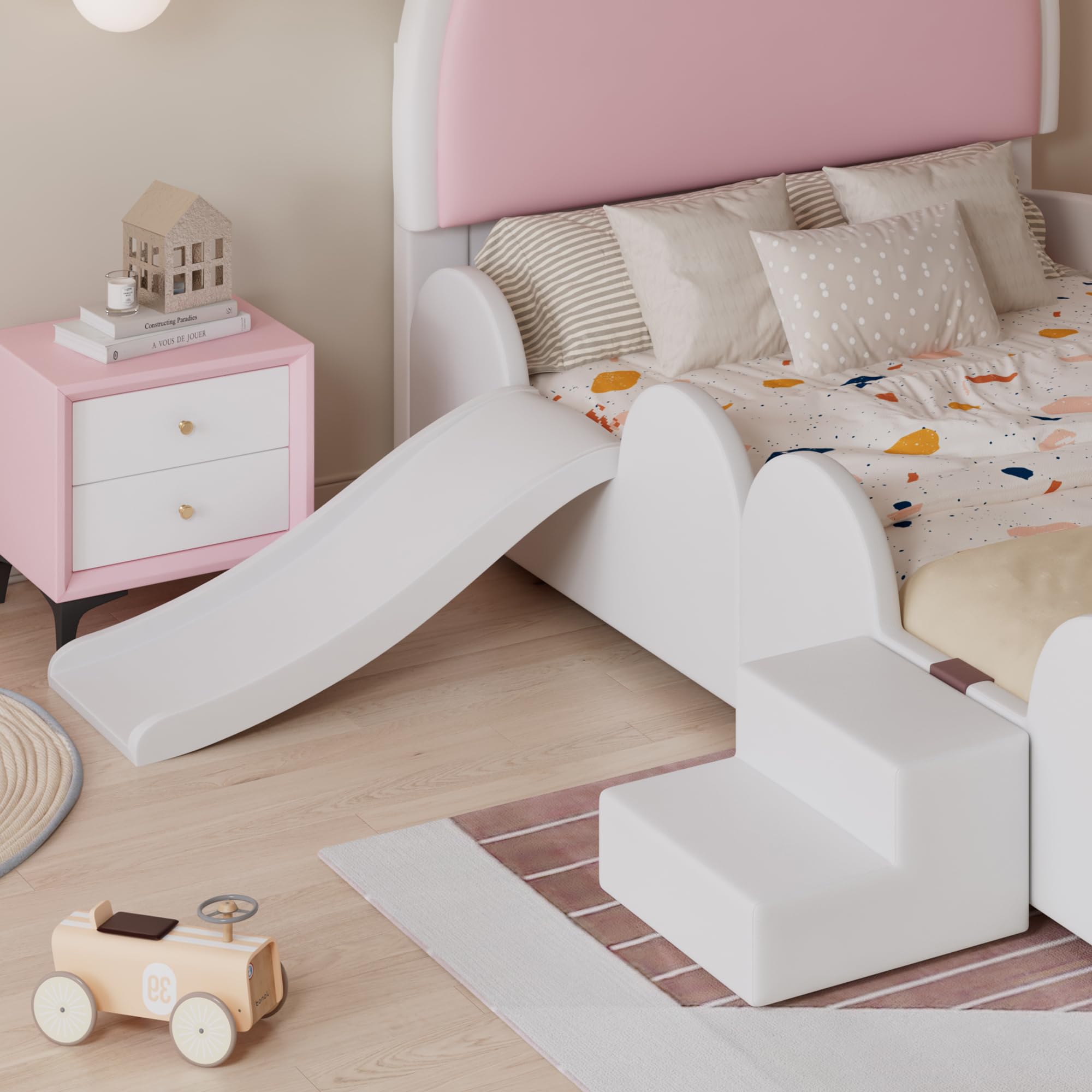 Dolamaní Mädchen Kinder Bett 90x200 cm Mit Kleiner Treppe und Kinderrutsche, Polsterbett PU Kopfteil mit Hasenohren, Einzelbett (Weiß+Rosa)
