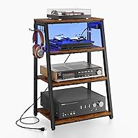 X-cosrack 4-Tier AV Media Stand with Power Strips, LED Lights & Hooks - Heavy Duty Stereo Cabinet for Xbox, Record Player, DVD