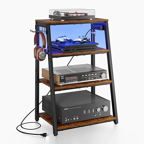 Soporte de 4 niveles para componentes de AV con regleta de enchufes, soporte de gabinete de estéreo resistente con luces LED, soporte de madera para