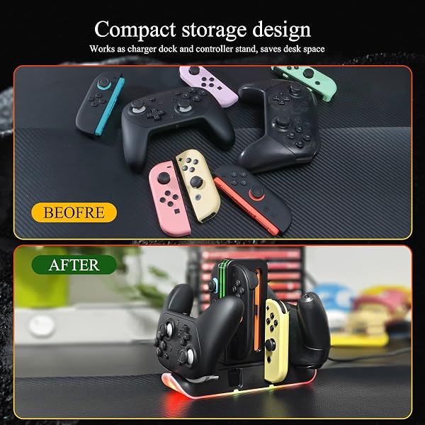 Switch 2 Controller Charger Dock – Charge 4 Joy-Cons & 2 Pro Controllers – Fast Charging RGB Station with LED Indicators & Touch Control – Compatible with Nintendo Switch 2/1/OLED - 3