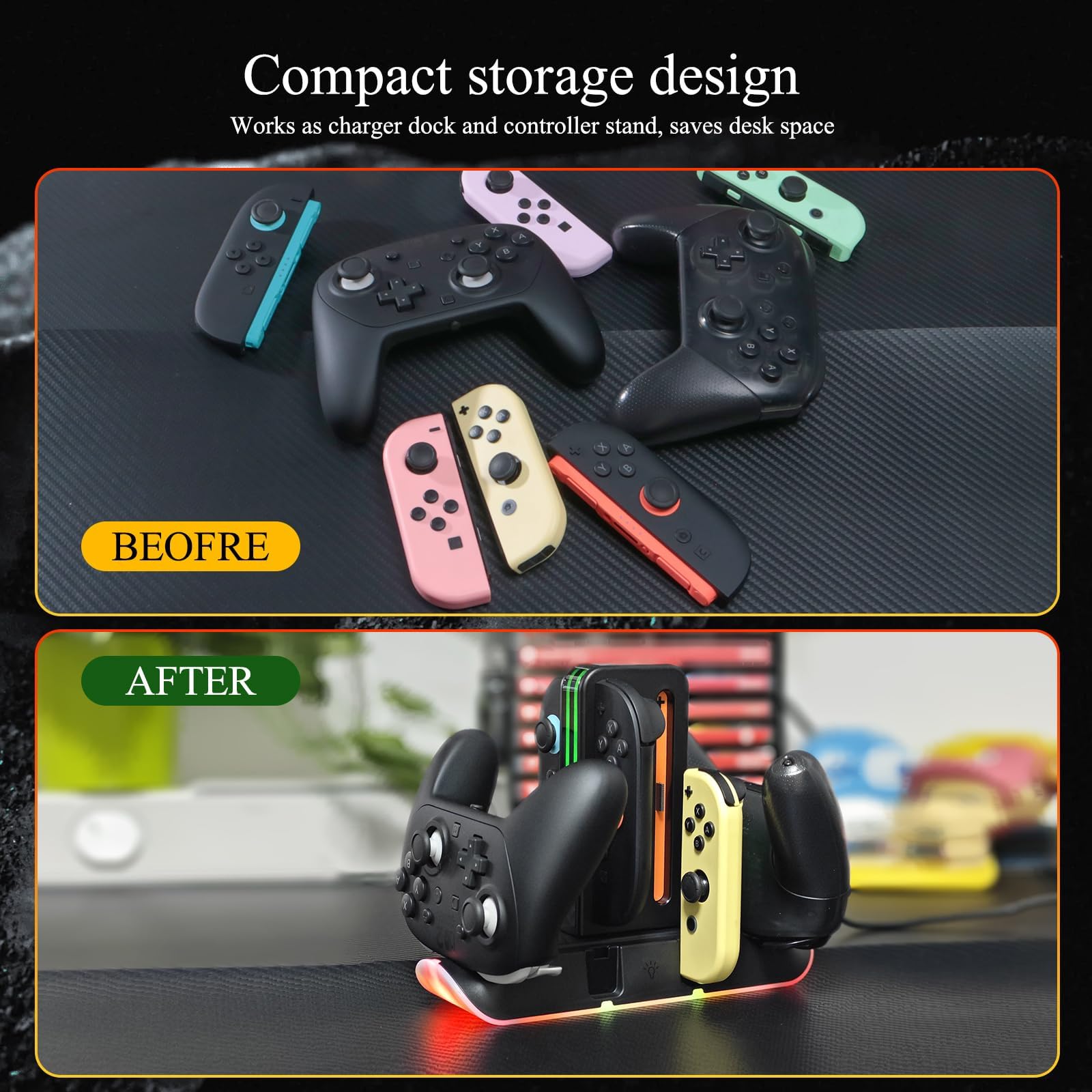Switch 2 Controller Charger Dock – Charge 4 Joy-Cons & 2 Pro Controllers – Fast Charging RGB Station with LED Indicators & Touch Control – Compatible with Nintendo Switch 2/1/OLED - 3