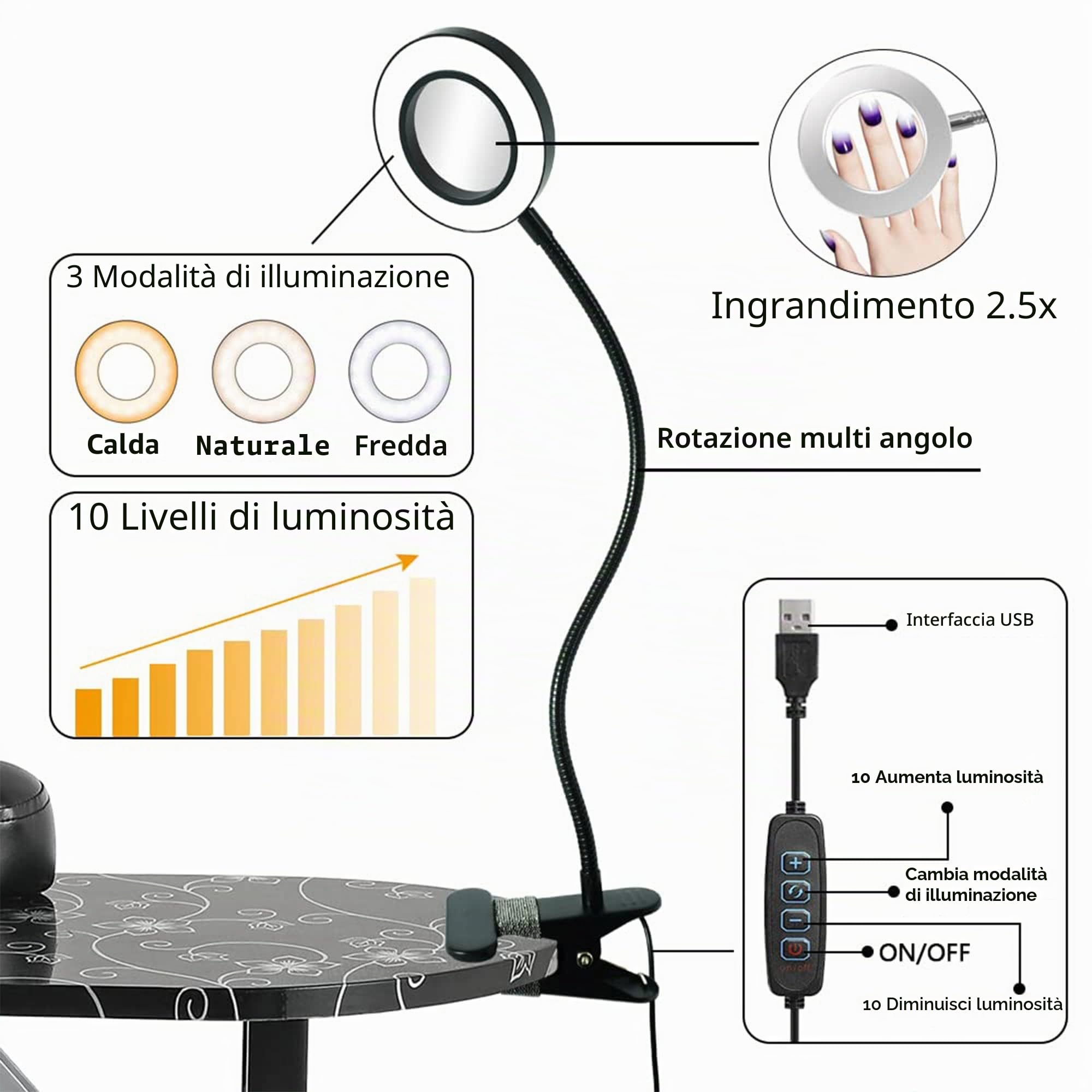 LEIBOU 36 ''L Pieghevole Manicure Tavolo Nail Technician Desk Workstation Manicure Tavolo con Ingranditore USB LED, Ruote di rotolamento, Cassetto, Spugna, Borsa di trasporto gratuita