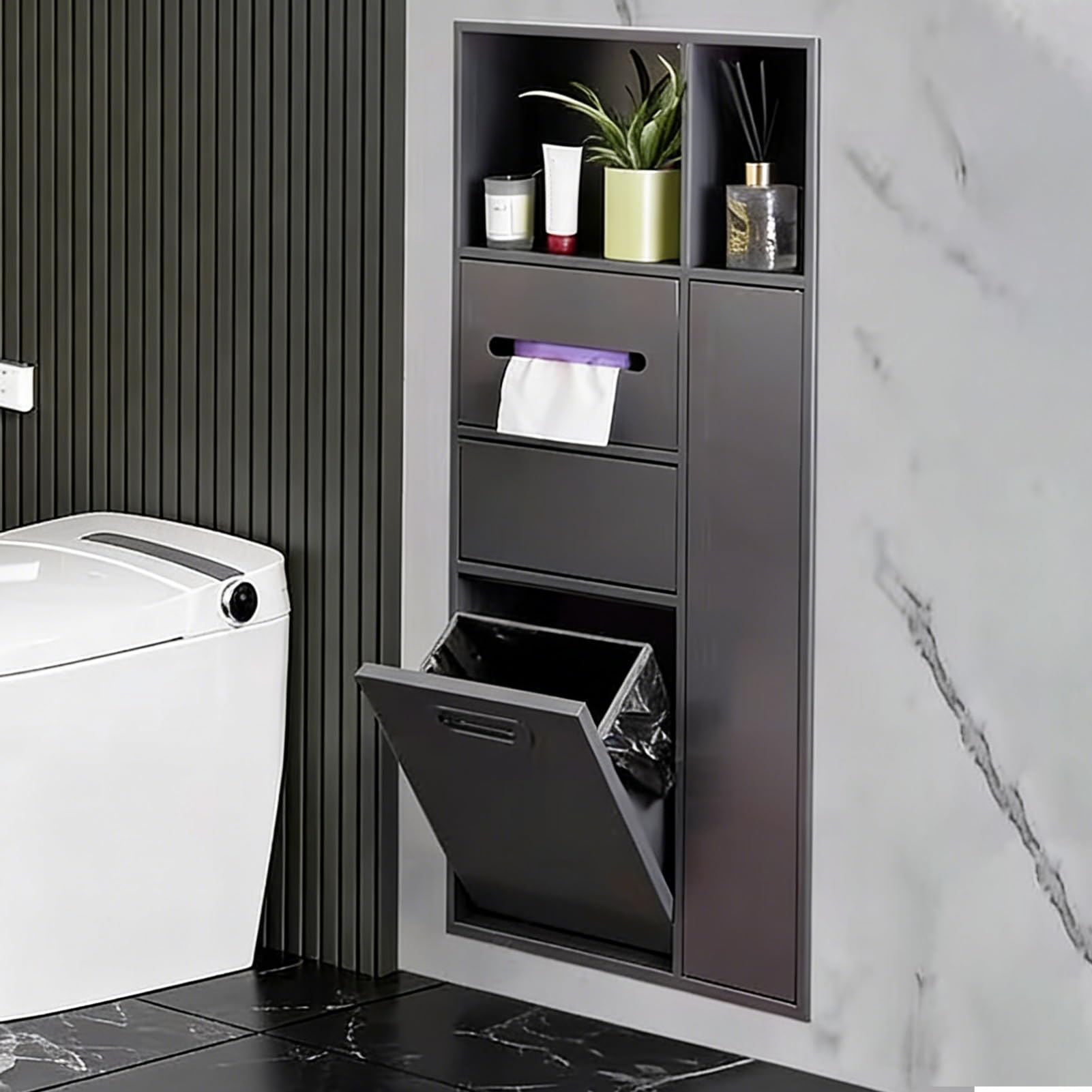 TIANQIHAO Wall-Mounted Shower With Built-In Toilet Paper Holder, Hidden Shower/Bath, Integrated Trash Bin With Stainless Steel Shelf - White H,Grey