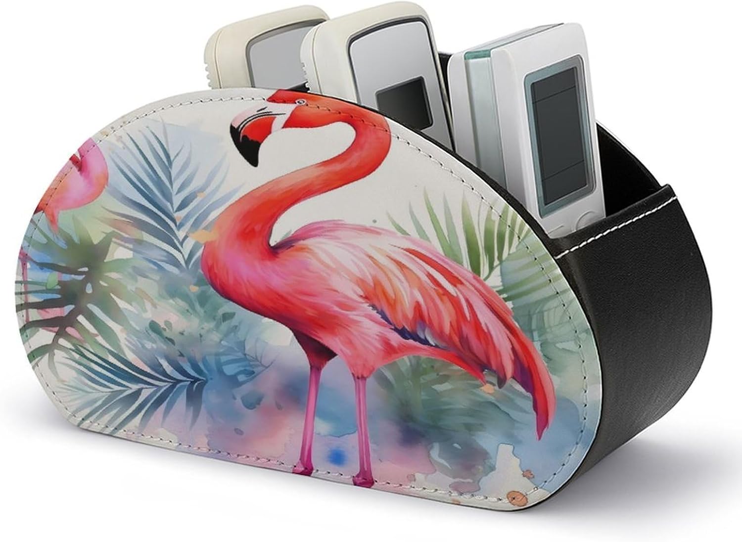 Flamingo Watercolor PU Leather Remote Control Holder with 5 Compartments