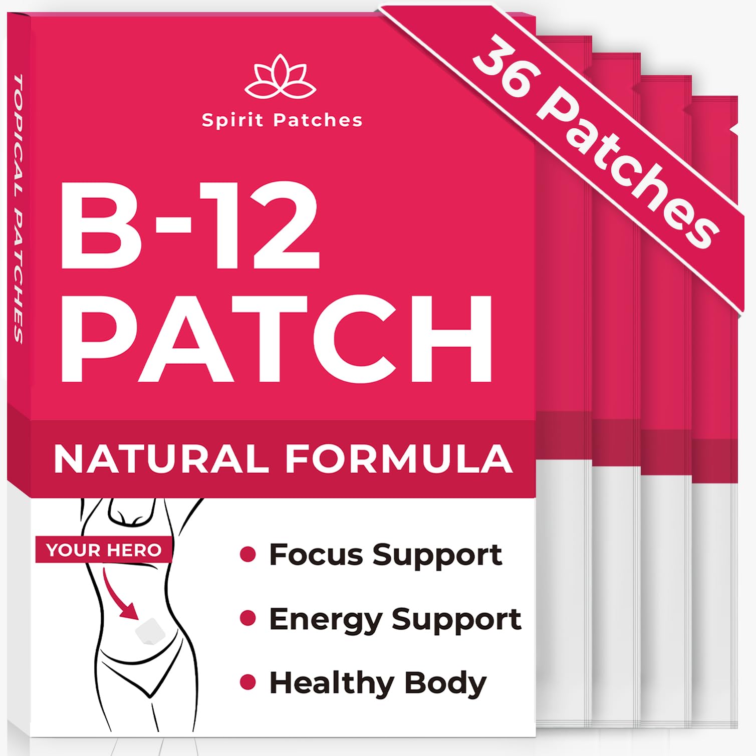 B12 Patches (Pack of 36) - 100% Natural Vitamin Patches for Women, Energy, Focus & Body Support, Self-Adhesive Transparent Patches - Enhanced Formula