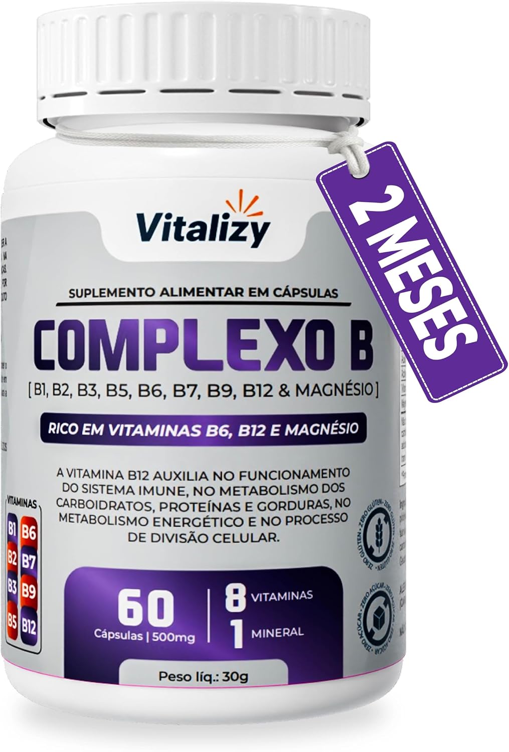 Complexo B + Magnésio Vitaminas B1 B2 B3 B5 B6 B7 B9 B12 60 Cápsulas Alta Concentração Vitalizy