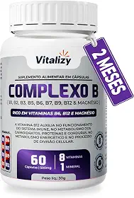 Complexo B + Magnésio Vitaminas B1 B2 B3 B5 B6 B7 B9 B12 60 Cápsulas Alta Concentração Vitalizy