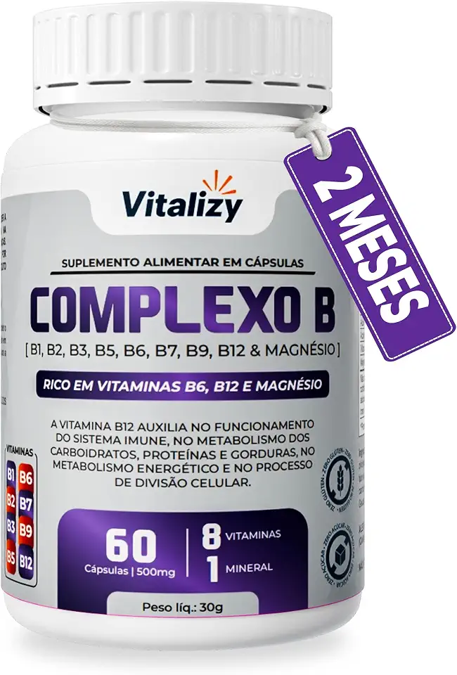 Complexo B + Magnésio Vitaminas B1 B2 B3 B5 B6 B7 B9 B12 60 Cápsulas Alta Concentração Vitalizy