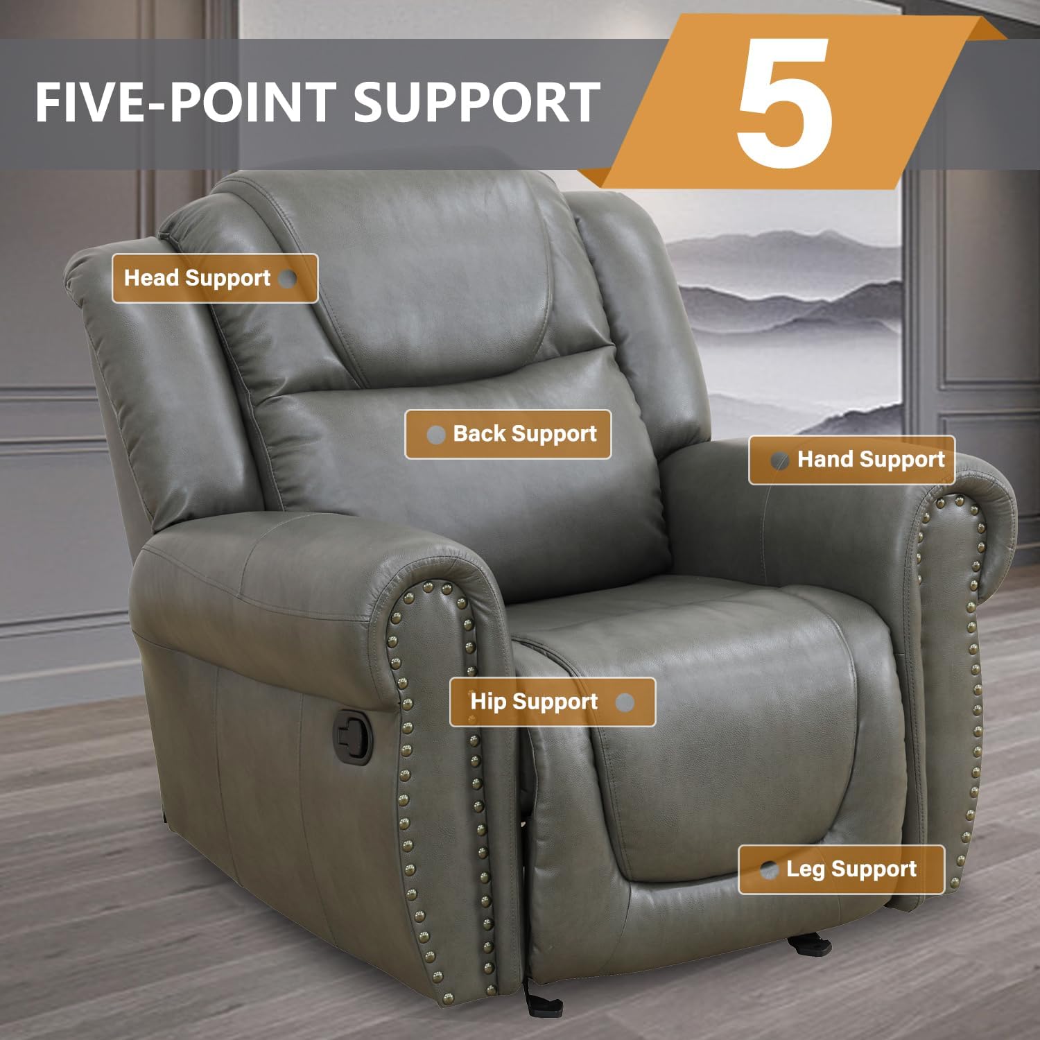 Leather Recliner Sofa Set, Living Room Furntiure Set, Leather Sofa Set Rivet Trim Reclining Sofa with Cup Holders (3 Piece Living Room Set, Grey)