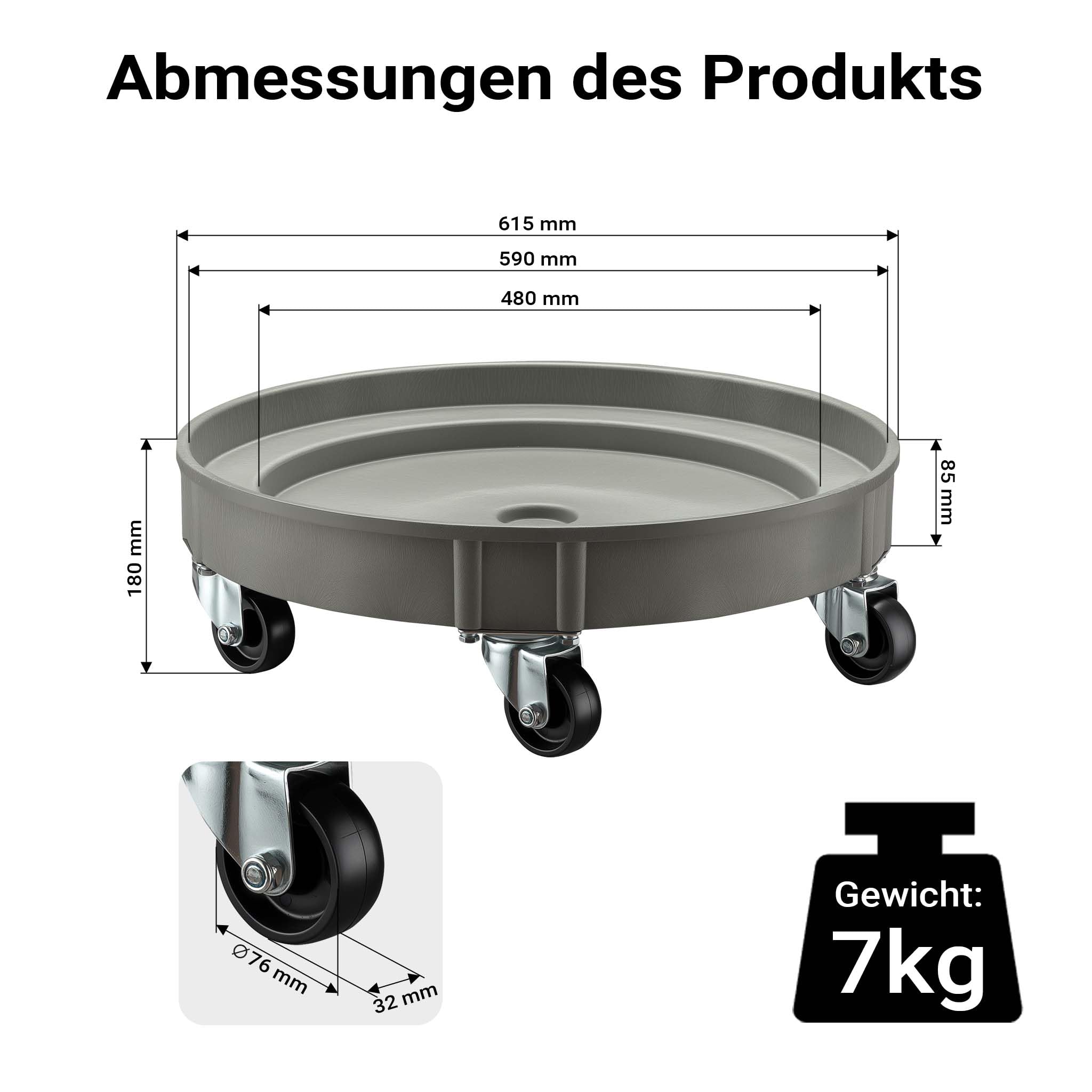 Wiltec Porta fusto olio con ruote, portata 400 kg, carrello porta fusti con vasca Ø 60 cm e ruote girevoli, base per movimentazione fusti