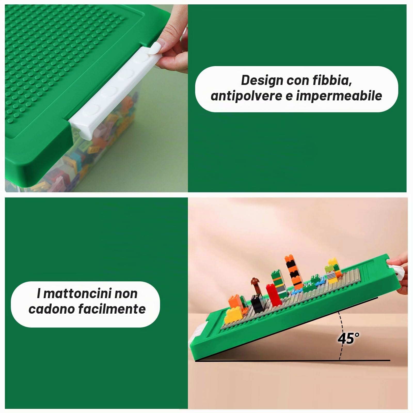 Greentainer Set di 3 contenitori portaoggetti in plastica impilabili con vassoio rimovibile, contenitori per giocattoli per bambini con coperchio per piastra di base, contenitore per mattoni da