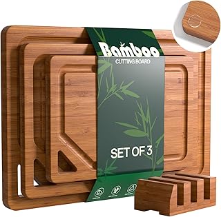 Bamboo Cutting Boards for Kitchen, [Set of 3] Wood Cutting Boards with Deep Juice Grooves, Built-in Handles & Holder, Charcuterie board & Chopping board for Meat, Vegetables and Fruits,Brown