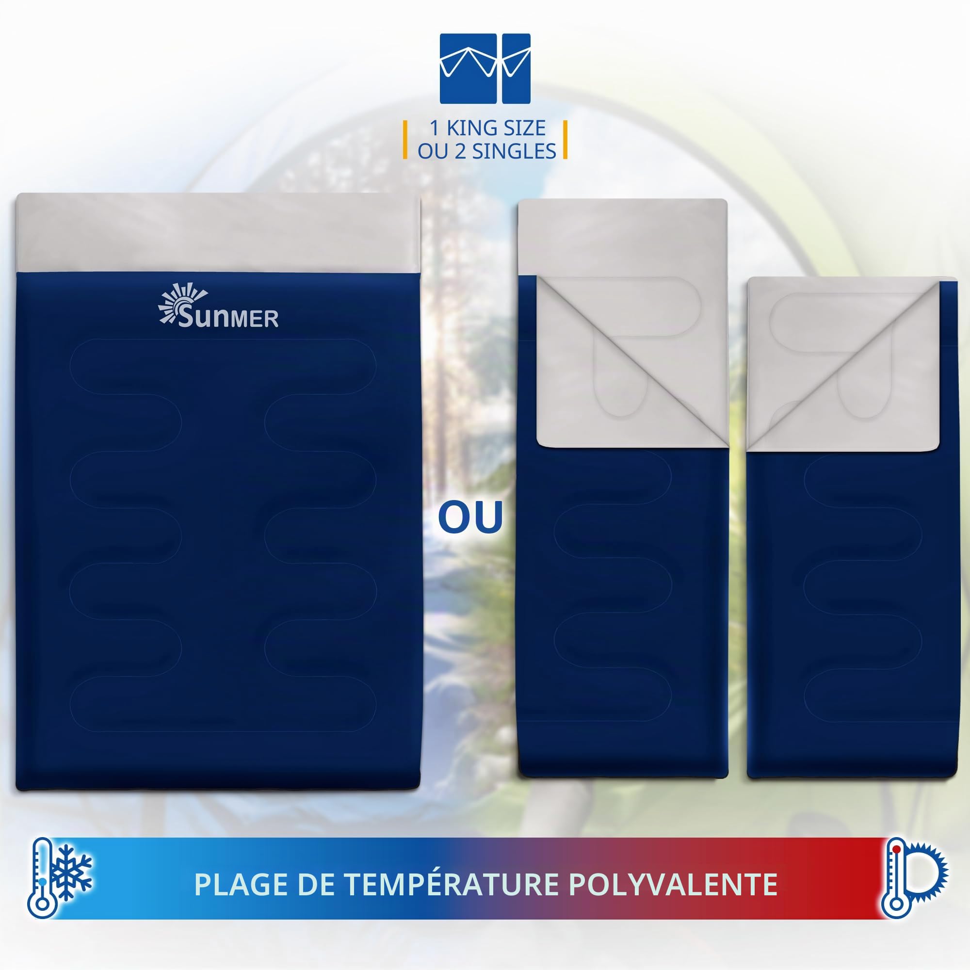 SUNMER Sac de Couchage Double - King Size - 300 g/m² - 3-4 Saisons - Se transforme en 2 Sacs de Couchage Simples - Idéal pour Le Camping et la randonnée - Imperméable - Bleu Marine