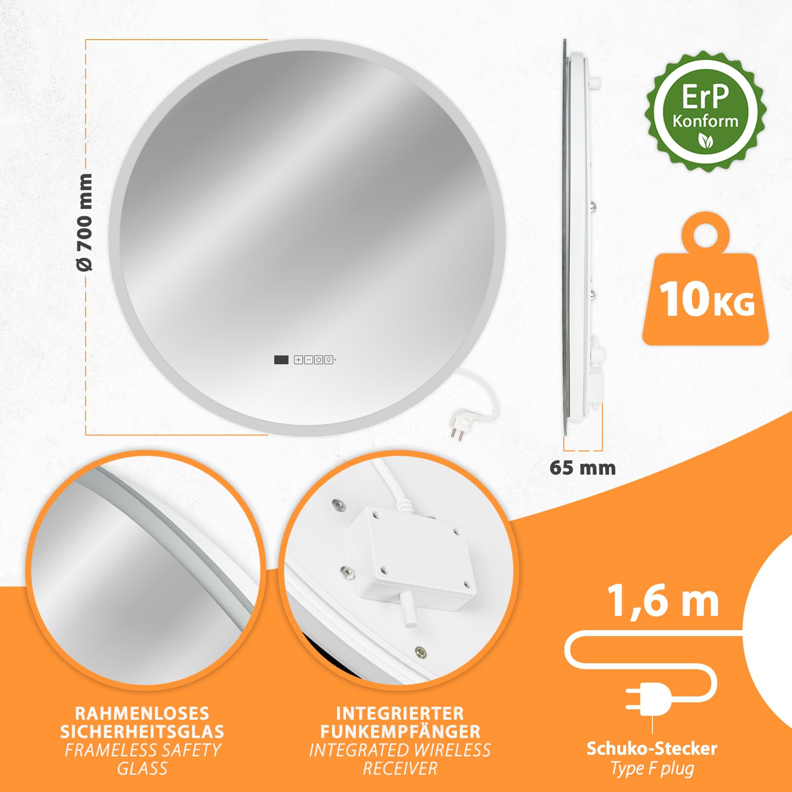 Mi-Heat Specchio riscaldante a infrarossi LM350-Pro, rotondo, diametro 70 cm, 350 W, con luce, termostato Tuya Smart App Controllo, specchio da bagno, illuminazione LED a infrarossi,