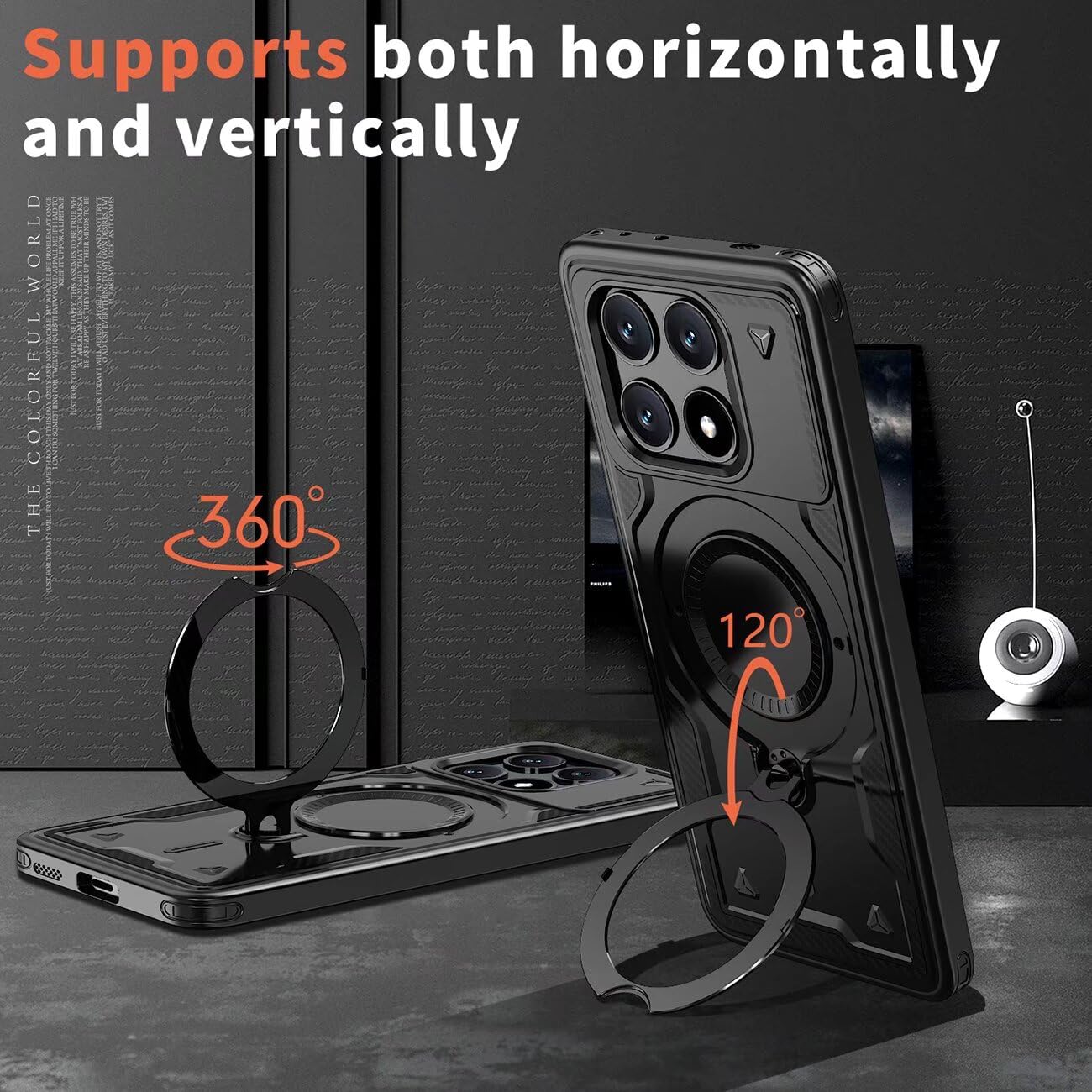Etui na Xiaomi Poco X6 Pro 5G ze szkłem hartowanym*2, etui ochronne na smartfona z obrotowym pierścieniem - Odporny na wstrząsy czarny zderzak