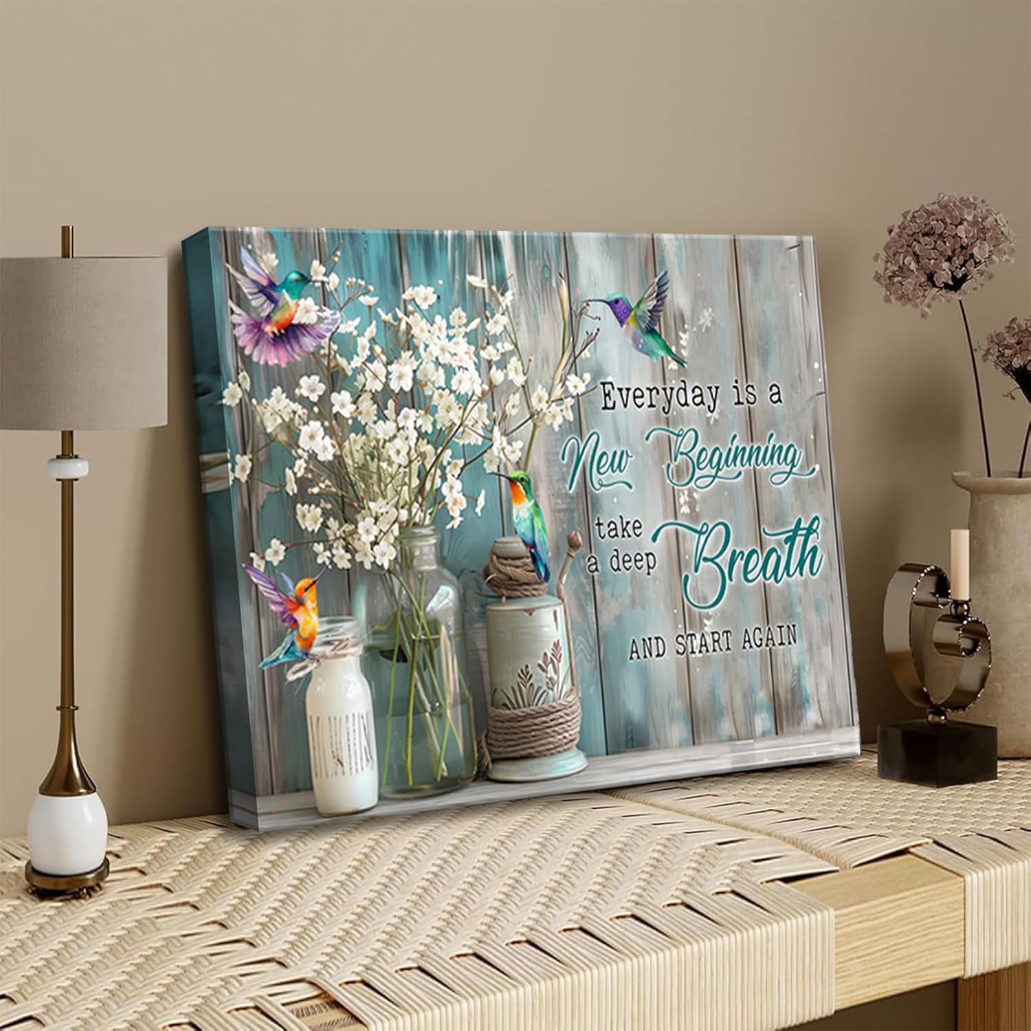 Rustic Bathroom Floral Canvas Wall Art Farmhouse Floral Wall Decor Inspirational Quote Poster Print Hummingbird Flower Painting Picture for Bathroom Living Room Bedroom (16x24in canvas)