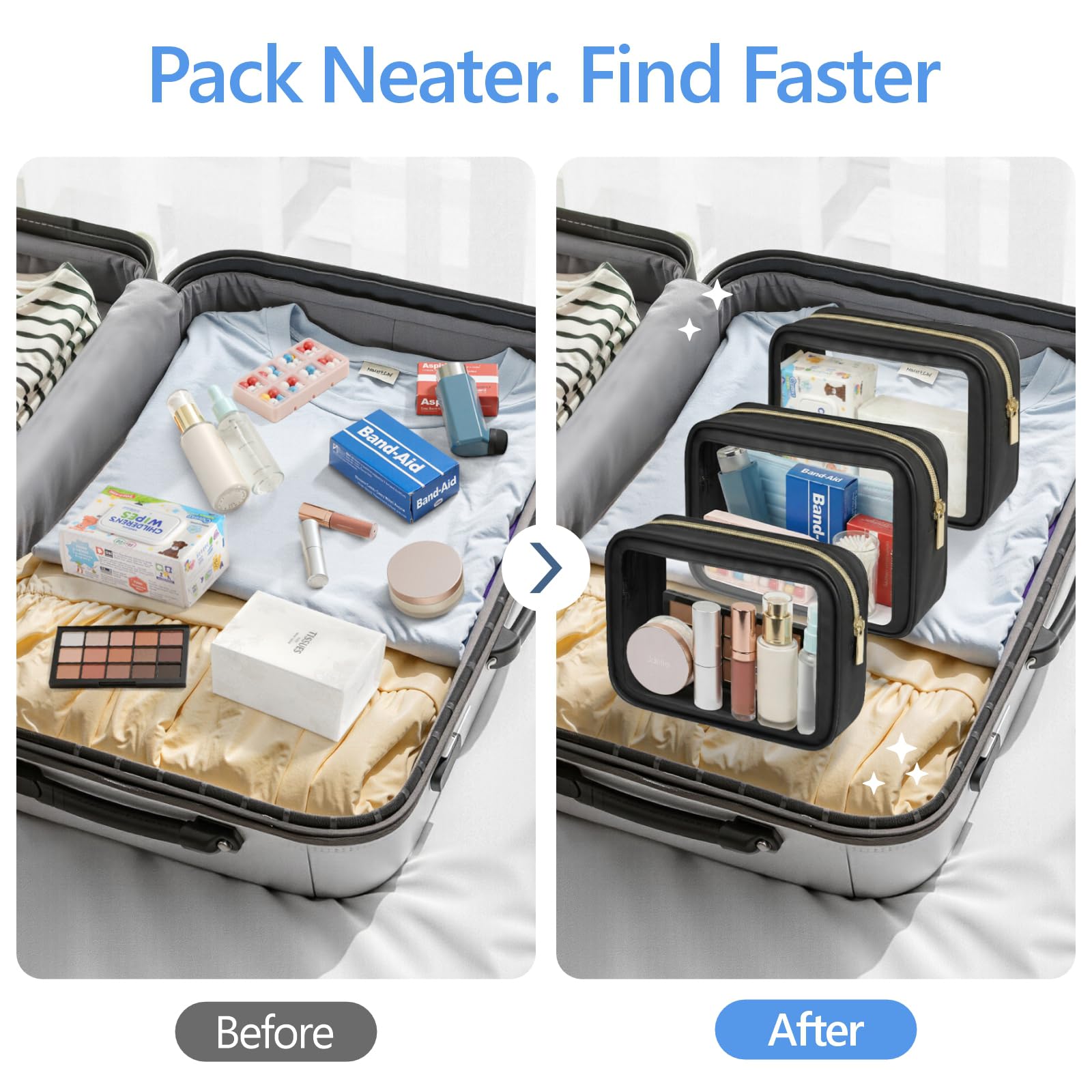 PACKISM Neceser aprobado por la TSA, bolsas de maquillaje transparentes con bordes de color, bolsas de aseo transparentes para viajes, se adapta a diversas necesidades de almacenamiento, 3 negro