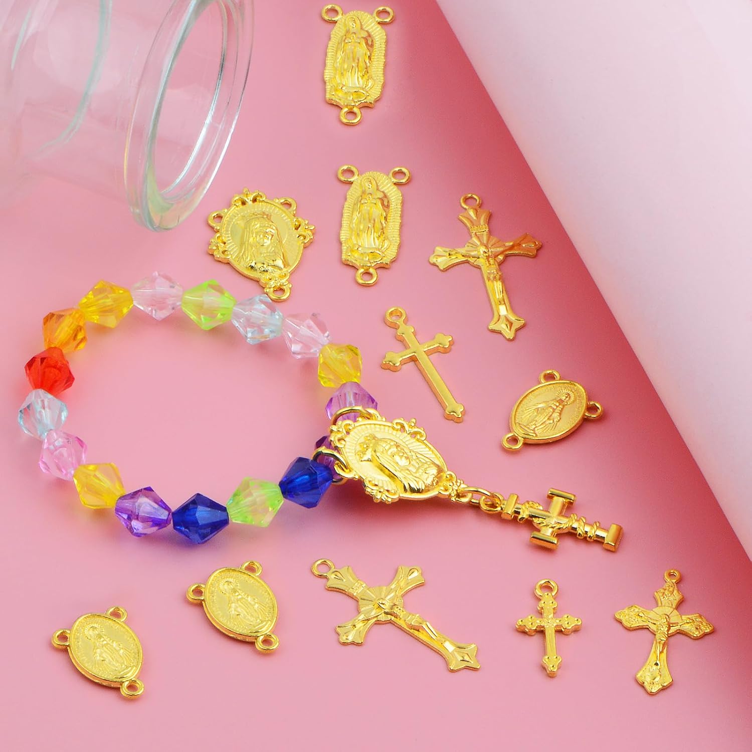 50pcs Rosary Cross and Center Miraculous Medal Charms Tibetan Jesus Crucifix Pendants Virgin Mary Oval Chandelier Links for DIY Rosary Necklace Jewelry Making, 10 Styles - Image 7