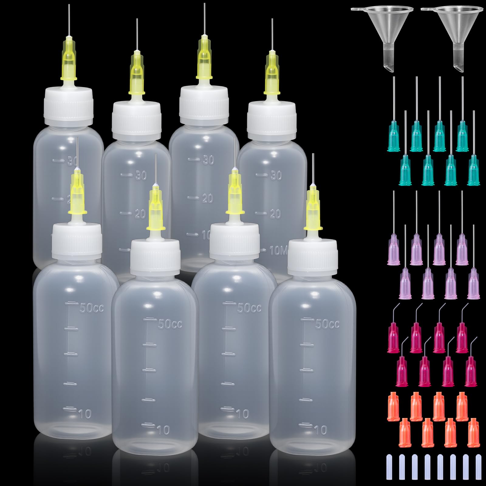 8 Stück Nadelflasche Applikator 50ml/30ml, Quetschflasche mit Nadeln | 24 Dispensing Feine Nadeln, 8 Kappen, Für DIY Handwerk, Strass, Farbe, Klebstoffe, Öl, Tinte
