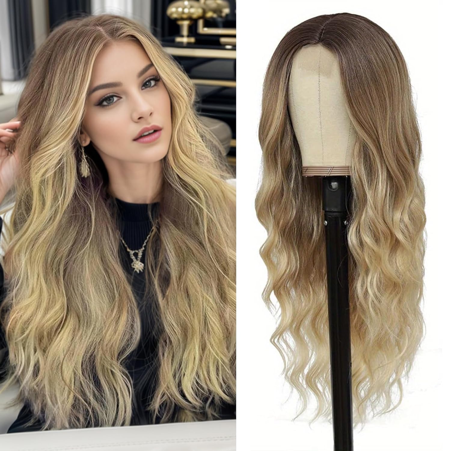 MabufunWigs for Women Middle Part Curly Synthetic Hair Natural Looking Heat Resistant Fiber for Daily Party Use (Ombre Blonde)