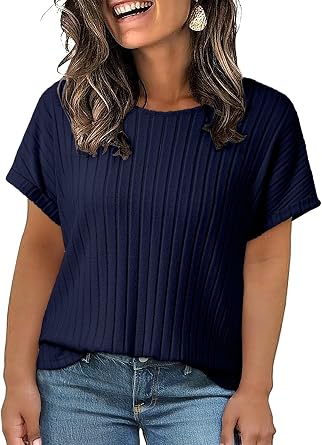 Eytino Plus Size Tops for Women Summer Casual Crewneck Short Sleeve Ribbed Knit T-Shirts Blouses1X-5X