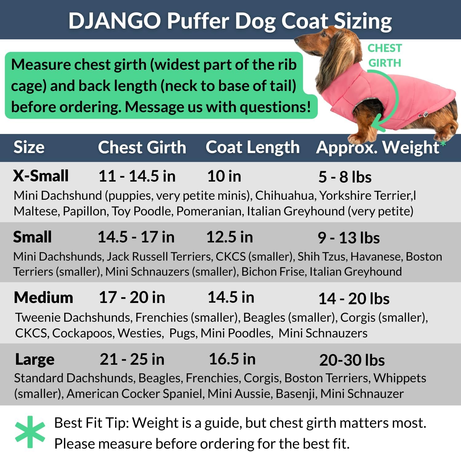 DJANGO Puffer Dog Coat – Warm Winter Dog Jacket & Water-Repellent Insulated Puffer Vest with Striped Lining, Harness Hole, Adjustable Fit for Small & Medium Dogs, Dachshunds – Rose Petal Pink, Medium