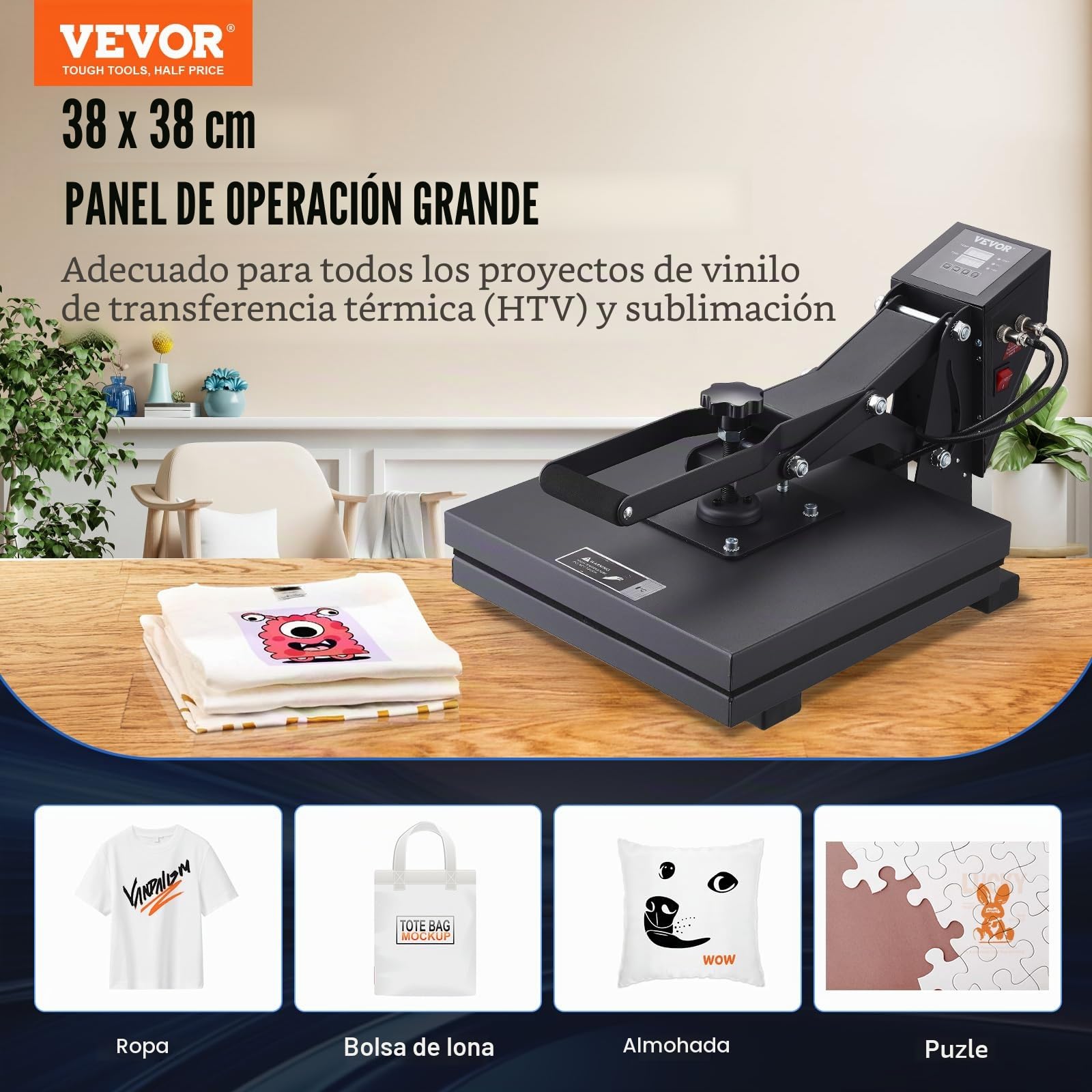 VEVOR Prensa de Calor Negro 380x380mm Máquina de Sublimación Textil 1200 W Calentamiento Rápido Prensa de Calor por Transferencia por Sublimación Digital e Industrial para Camiseta, Bolso, Almohada