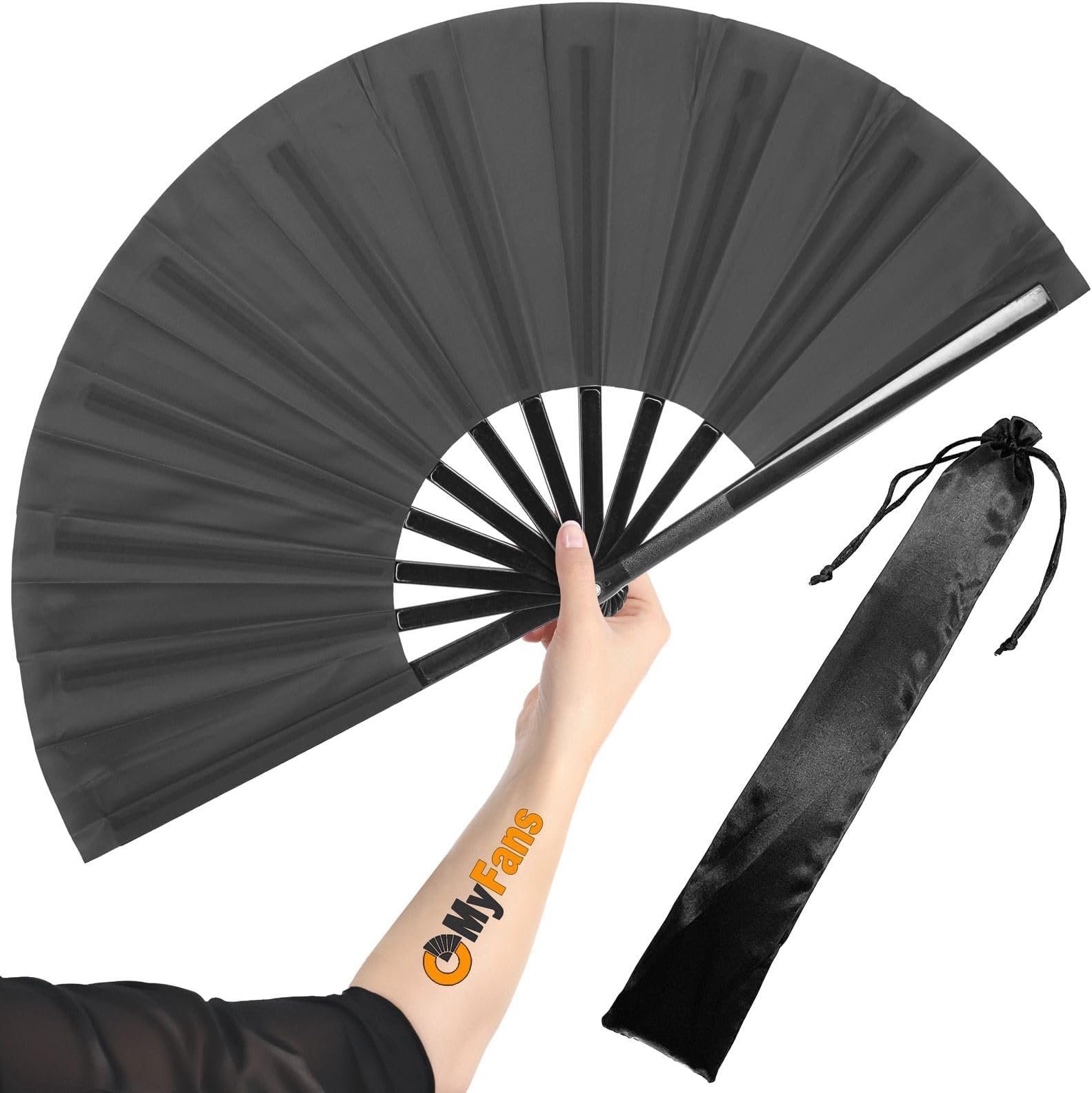 Large Rave Folding Hand Fan - Foldable Chinese Tai Chi Kung Fu fan - Ideal for Festivals, EDM, Dancing, Hot Flashes, Church and Gifts (Black)