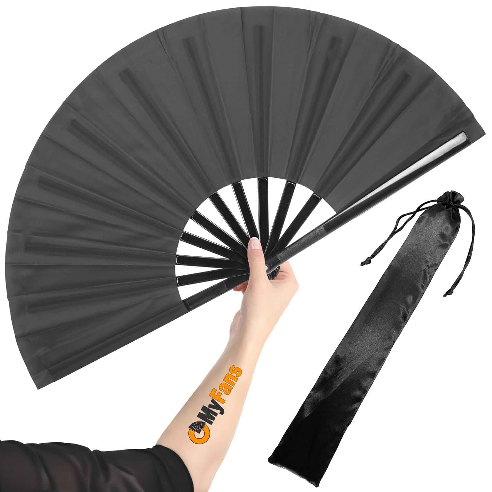 Large Rave Folding Hand Fan - Foldable Chinese Tai Chi Kung Fu fan - Ideal for Festivals, EDM, Dancing, Hot Flashes, Church and Gifts (Black) hand_powered