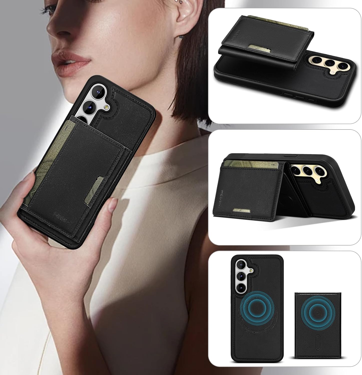 for Samsung Galaxy S24 Wallet Case, 2-in-1 Detachable Magnetic Wallet Case, Card Holder RFID Blocking, Fashionable Faux Leather Card Slot & Folding Design (Black)