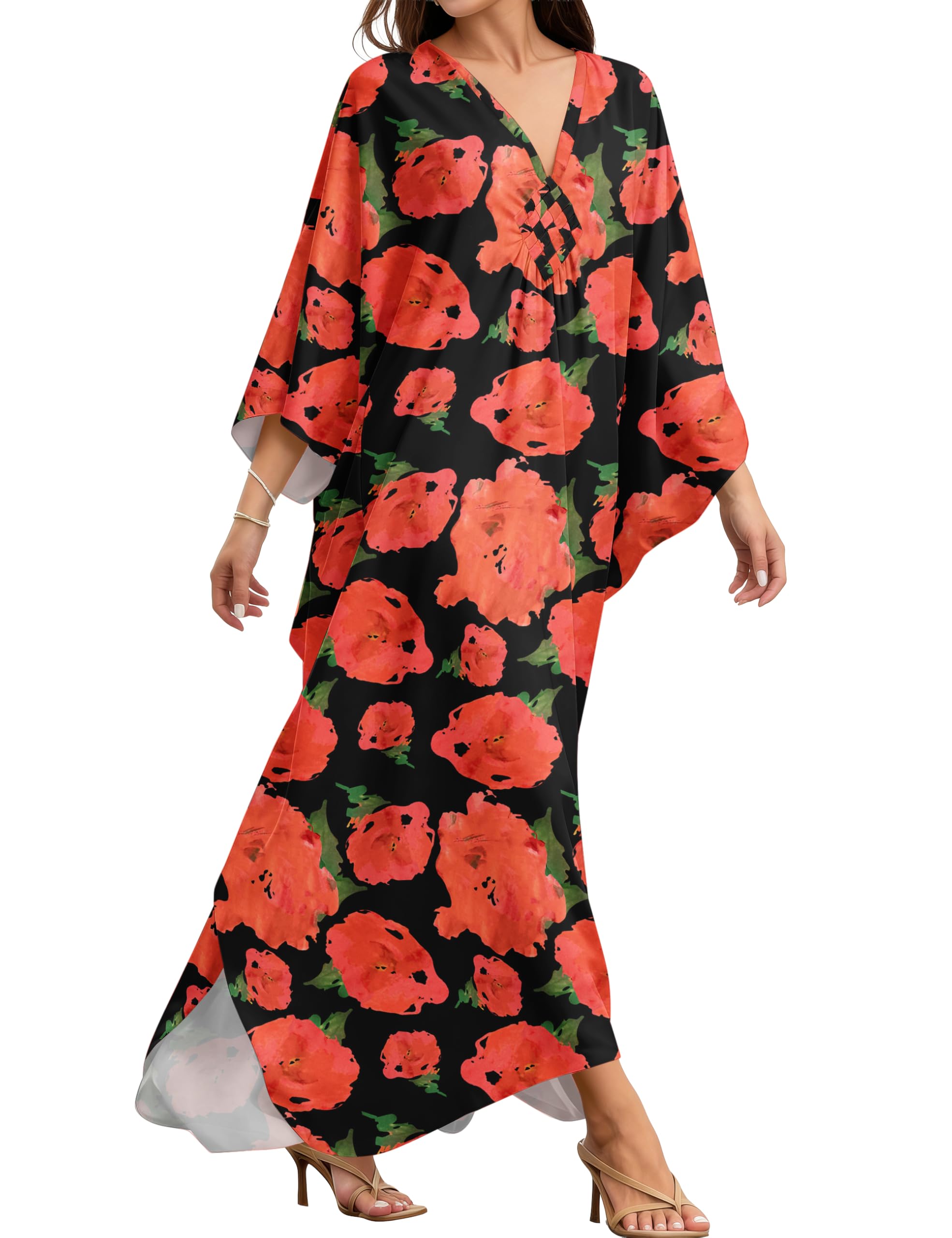 MAKABO Kaftan Dresses for Women, V Neck Moo Moos Colorful Print Cover Ups Caftan Beach Dresses for Swimwear