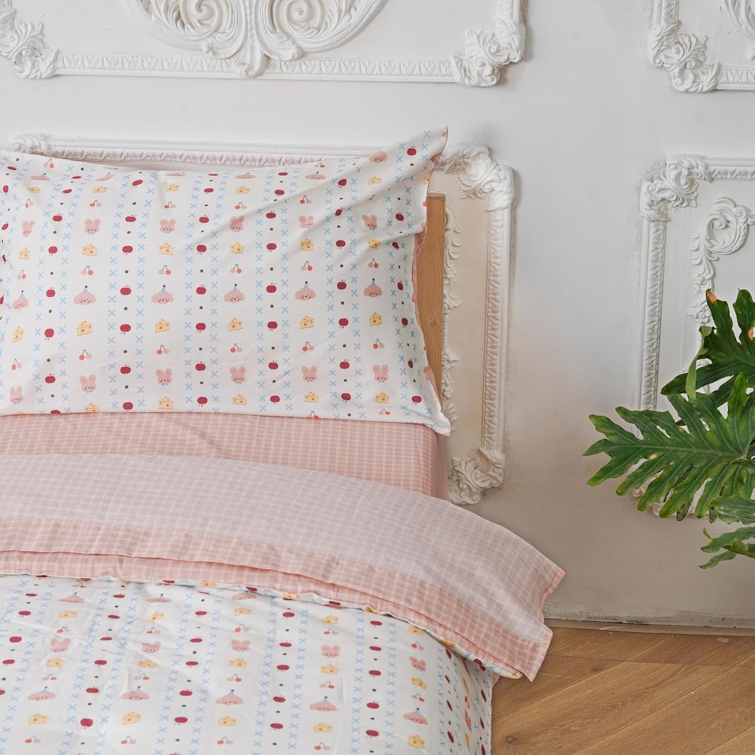 Wellboo 4Pieces Cotton Toddler Bedding Set for Kids Boys Girls Pink Rabbit 100% Cotton Toddler Bedding Cherries and Cake Soft Crib Comforter Includes Flat Sheet, Fitted Sheet and Pillowcase