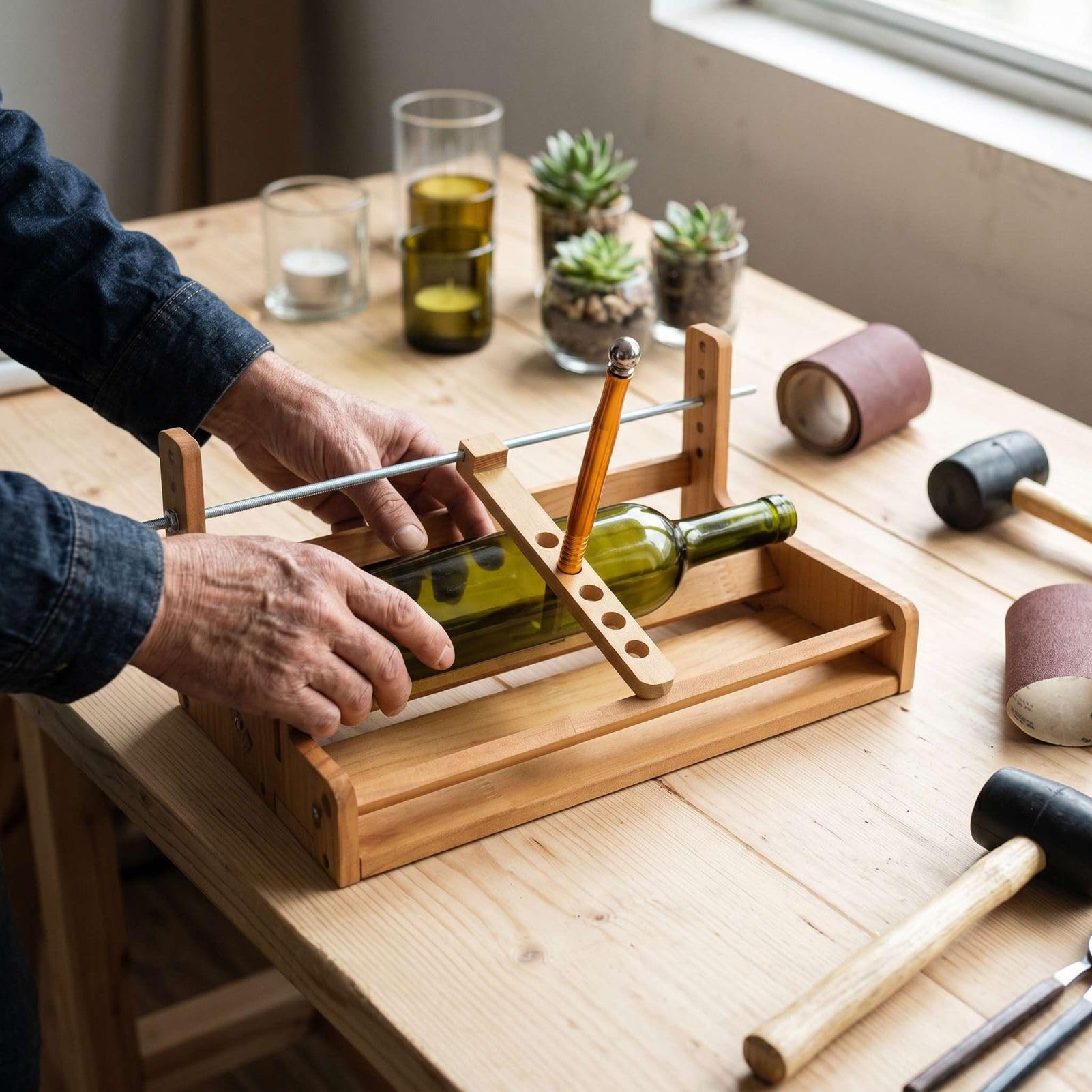 Glasflaschenschneider, Massives Kiefernholz, Rutschfest, Stabil, mit Komplettem Hardware-Zubehör und Schneidfunktion für DIY-Glasflaschen-Upcycling, Bastelherstellung.