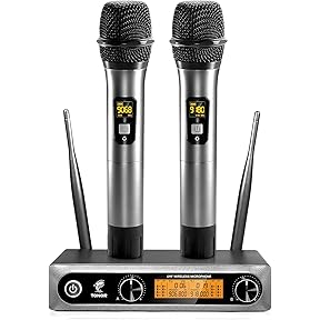 TONOR Wireless Microphones System, 2 * 15 Channel Metal Professional UHF Cordless Dynamic Handheld Mics with Receiver for Home Karaoke, Meeting, Party, Church, DJ, Wedding, KTV, 200ft, TW-820 Black